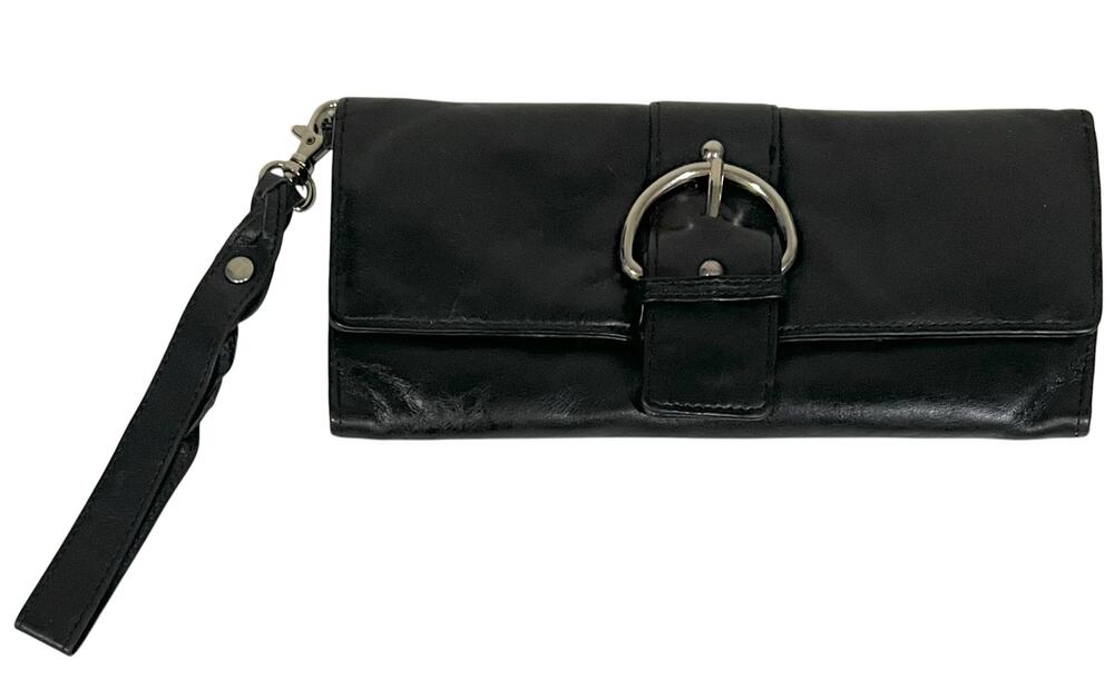 Clarks Black Leather Organizer Wristlet Wallet Silver Buckle